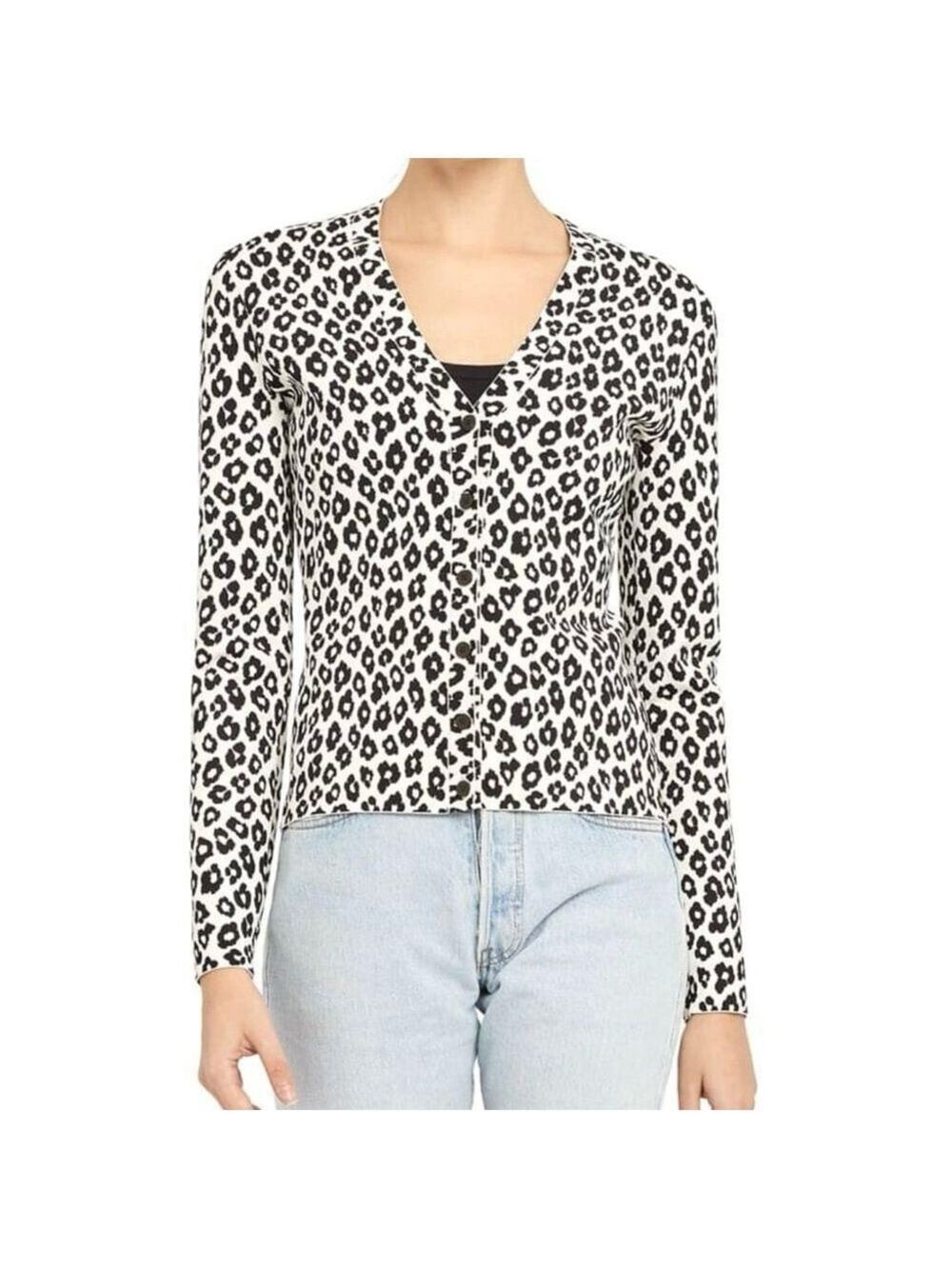 THEORY Leopard-Print Button-Front Cardigan Small Black And Ivory